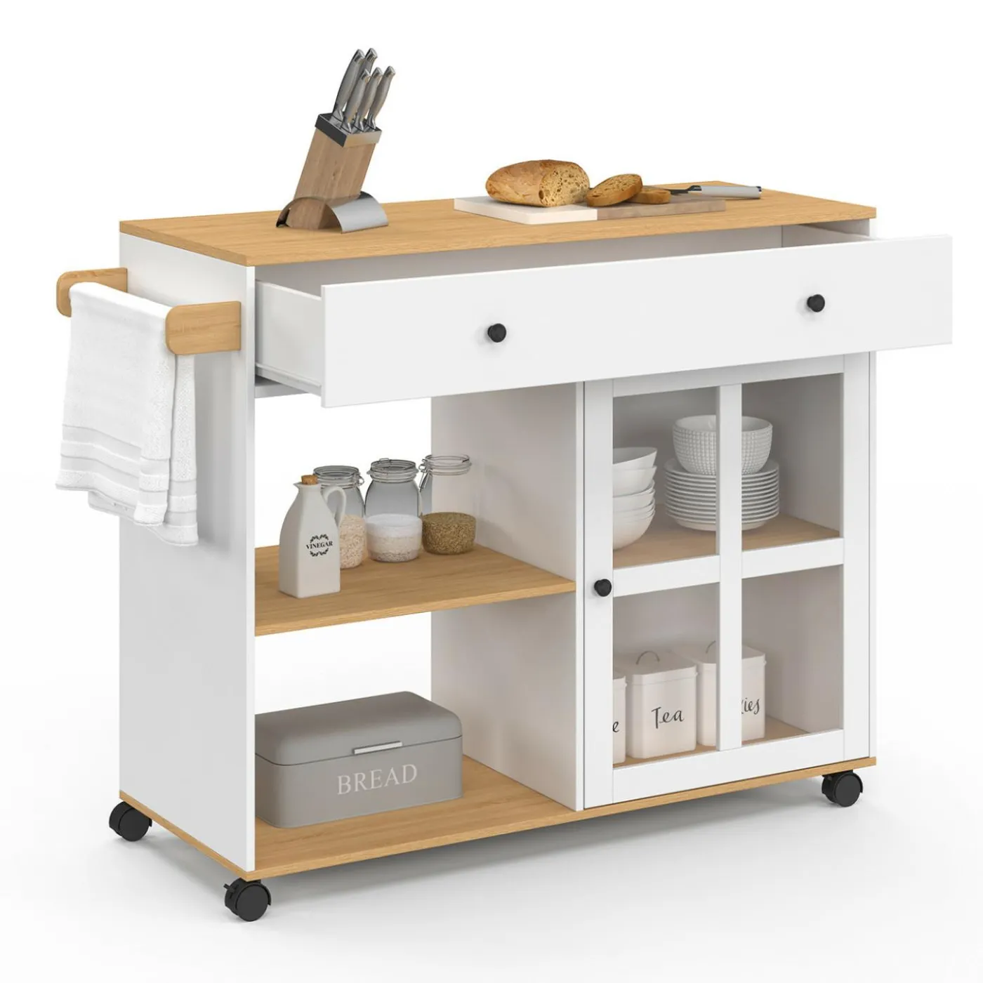 Grande desserte de cuisine avec placard vitré bois et blanc