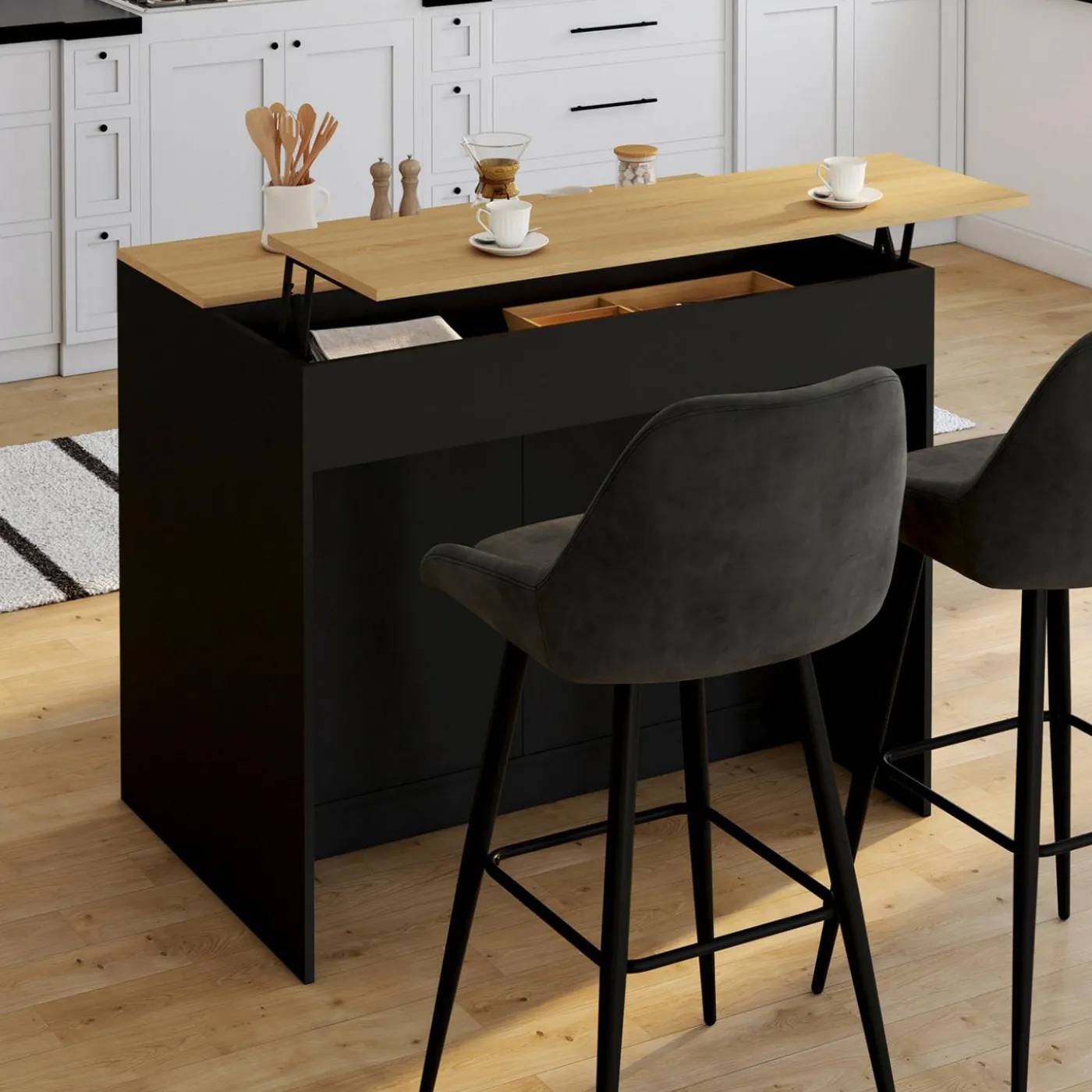 Ilot central 110 cm avec tablette relevable rectangulaire bois noir et façon hêtre