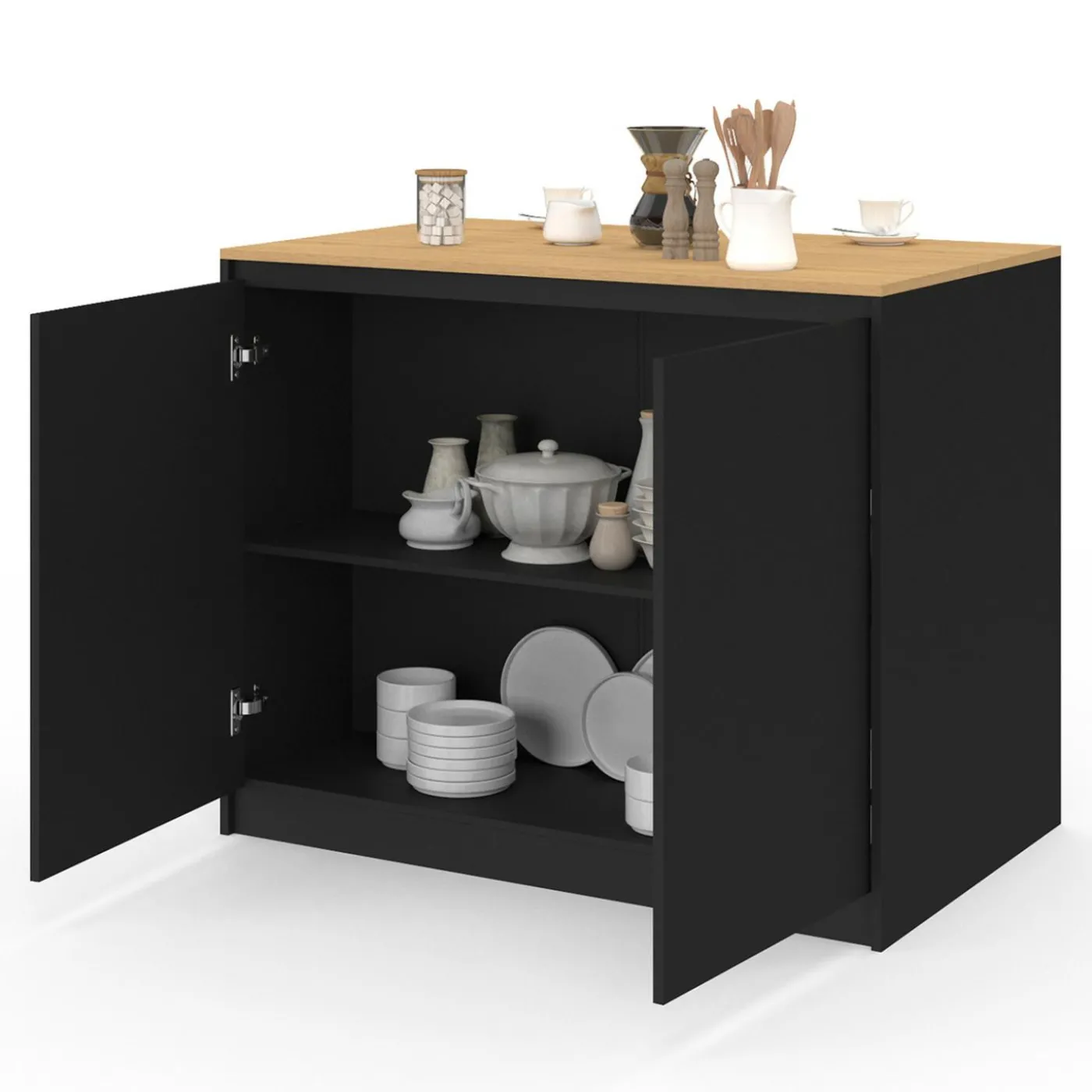 Ilot central 110 cm avec tablette relevable rectangulaire bois noir et façon hêtre