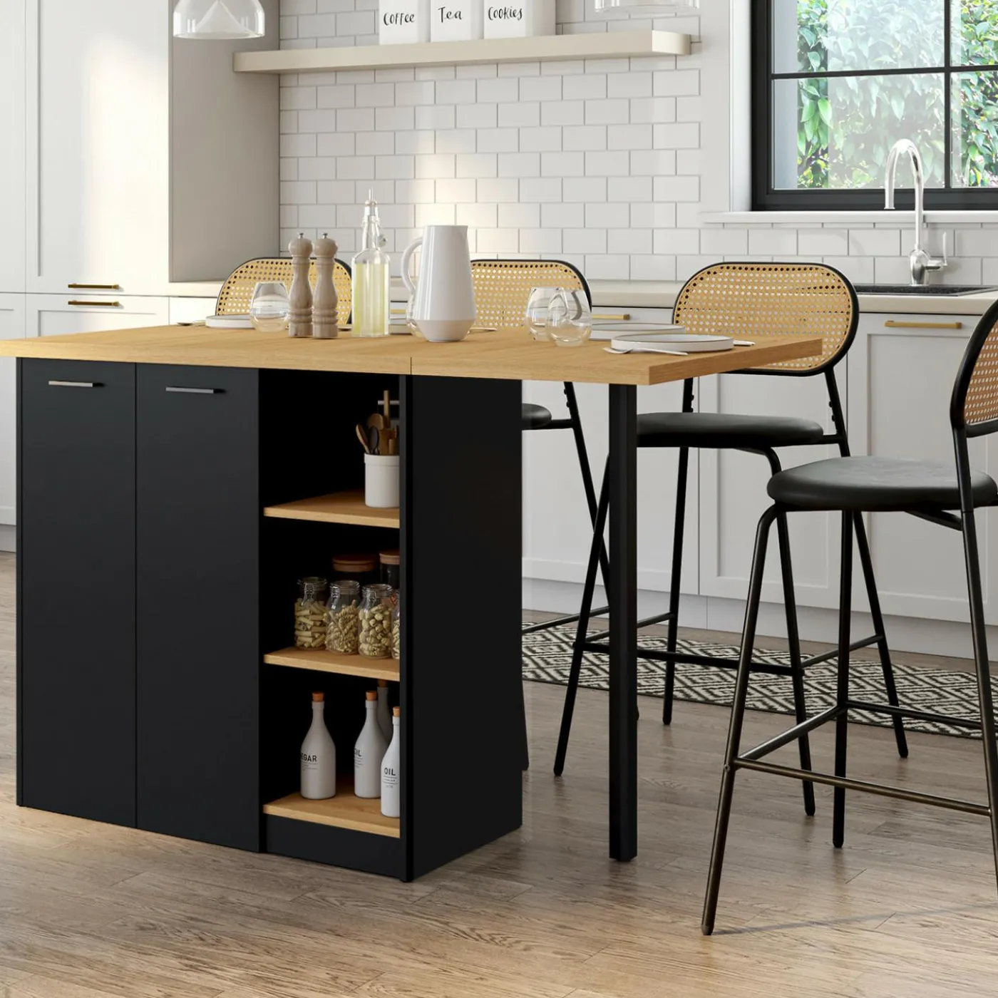 Ilot central 140 cm bois noir avec plan de travail façon hêtre
