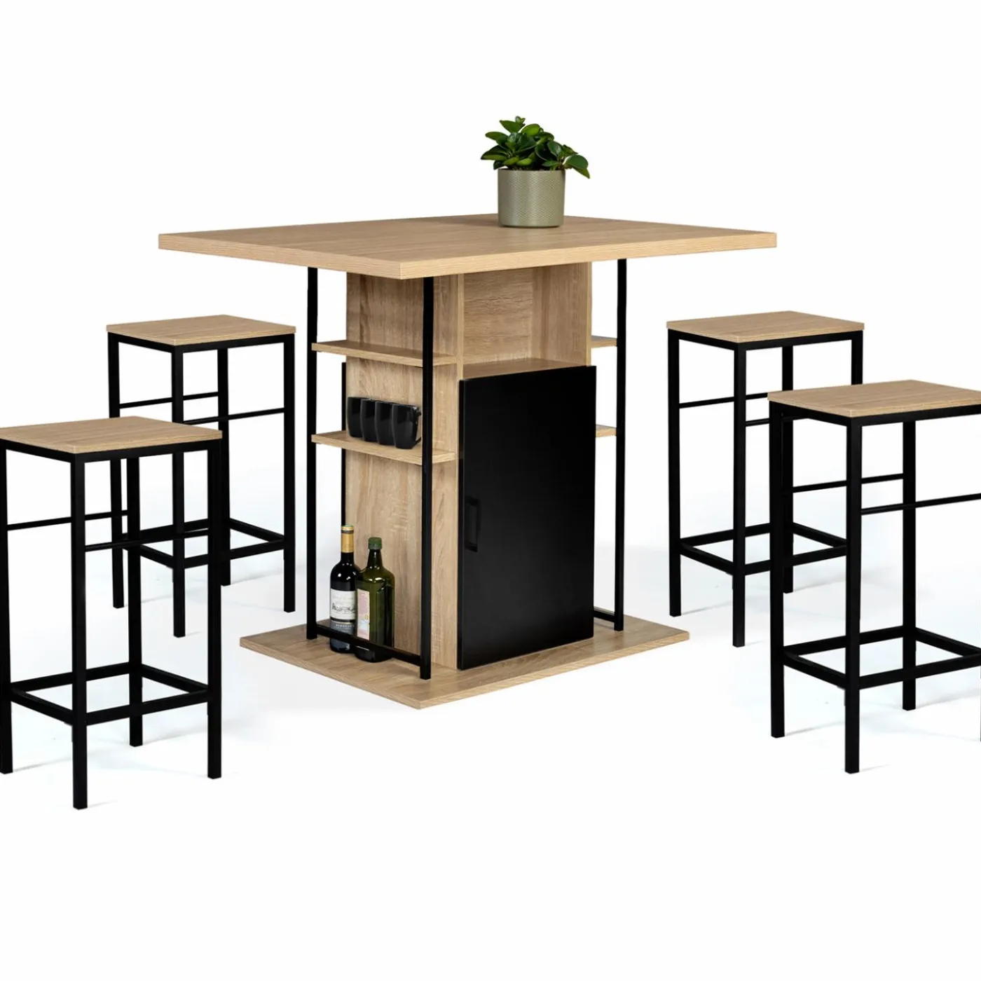 Ilot central avec tabourets bois noir et imitation hêtre 110 cm design industriel
