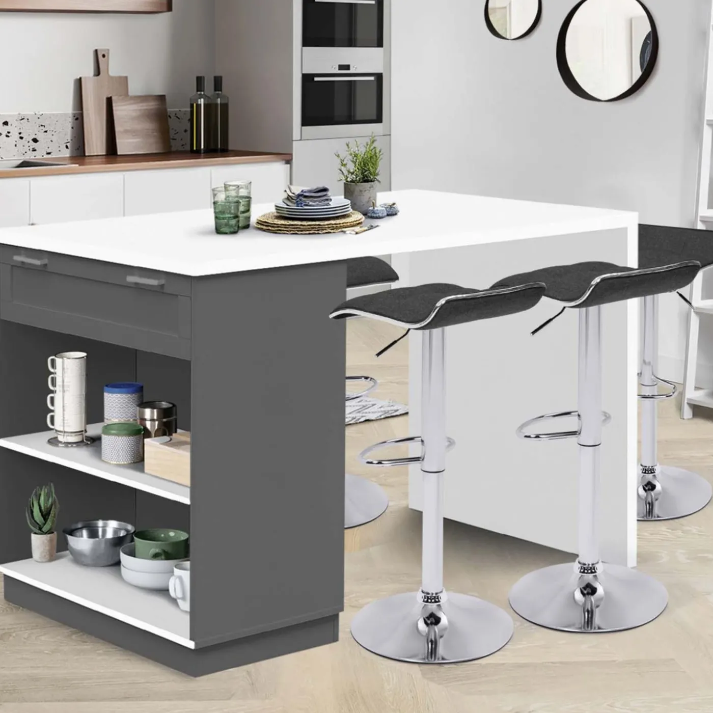 Ilot central blanc et gris 130 cm pour 4 personnes