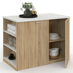 Ilot central bois avec plan de travail terrazzo