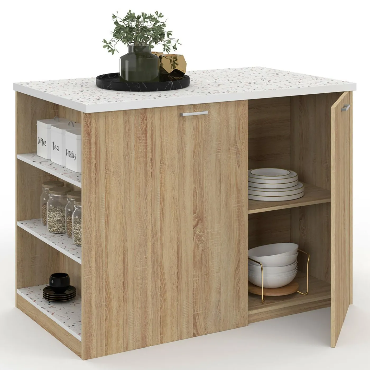 Ilot central bois avec plan de travail terrazzo