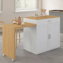Ilot central bois blanc avec table à manger extensible