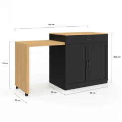 Ilot central bois et noir avec table à manger extensible
