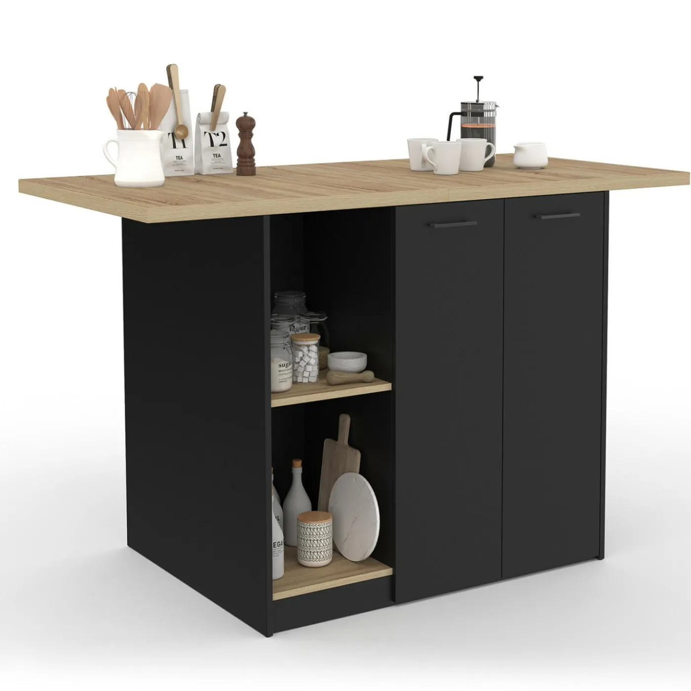 Ilot central bois noir avec plan de travail façon hêtre 140 cm 4 personnes avec rangement