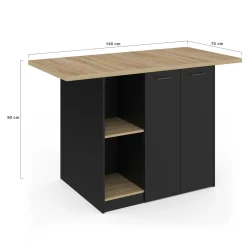 Ilot central bois noir avec plan de travail façon hêtre 140 cm 4 personnes avec rangement