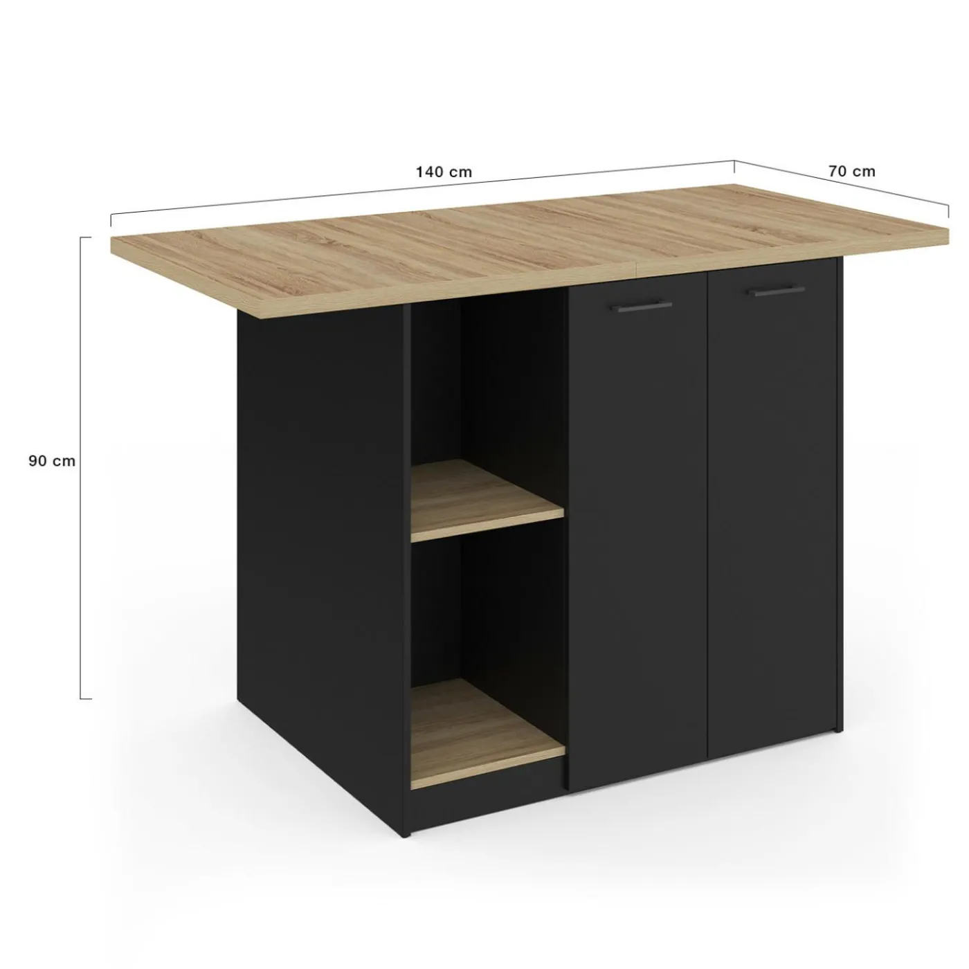Ilot central bois noir avec plan de travail façon hêtre 140 cm 4 personnes avec rangement