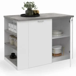 Ilot central de cuisine bois blanc et effet béton