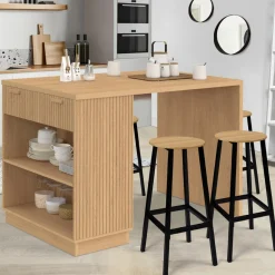 Ilot central mange-debout 4 personnes 130 cm lattes tasseau bois coloris chêne