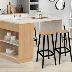 Ilot central mange-debout 4 personnes 130 cm bois et plateau effet travertin