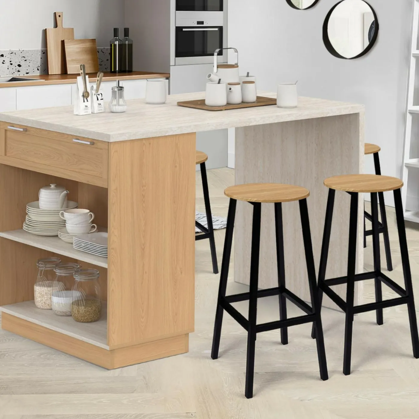 Ilot central mange-debout 4 personnes 130 cm bois et plateau effet travertin