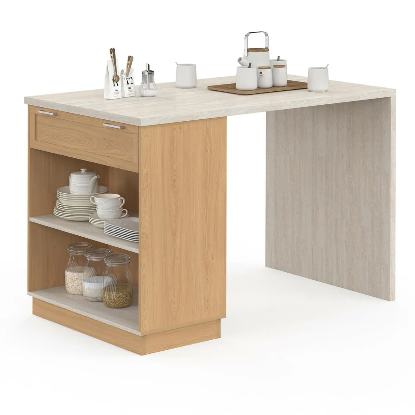 Ilot central mange-debout 4 personnes 130 cm bois et plateau effet travertin
