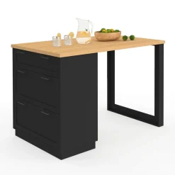 Ilot central mange-debout 4 personnes 130 cm casserolier 3 tiroirs noir et plateau bois