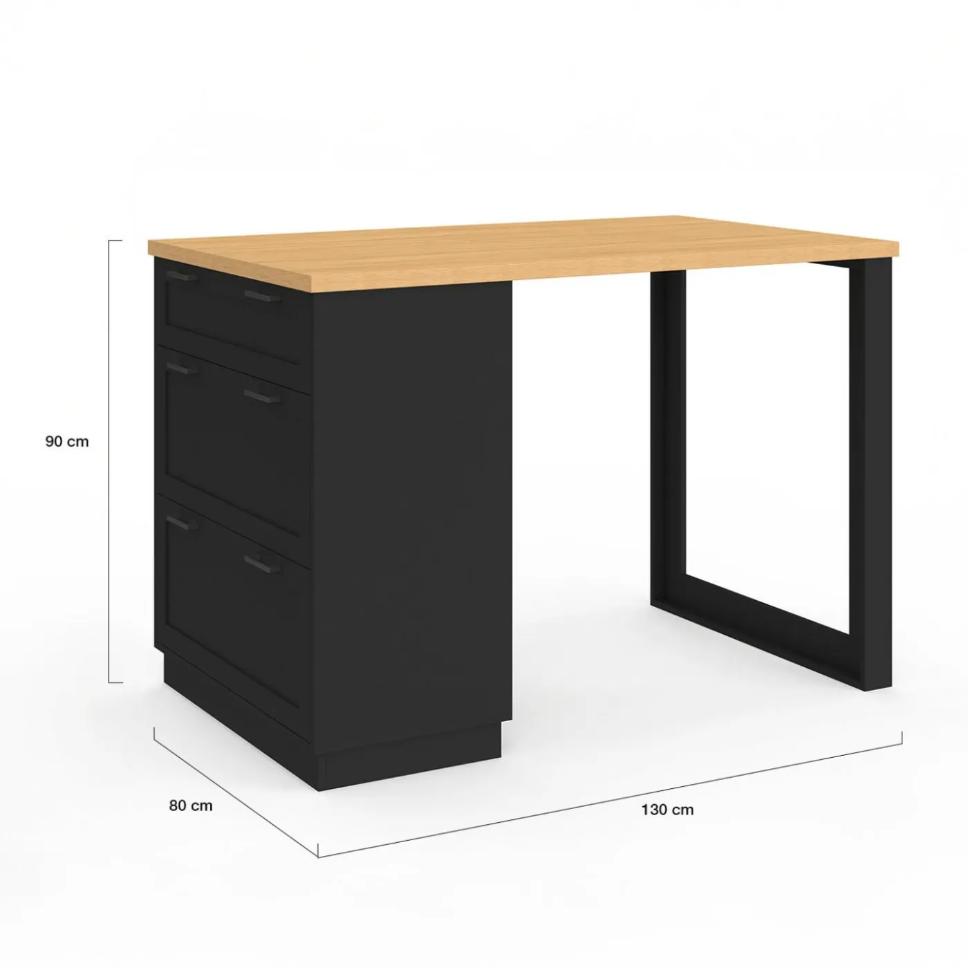 Ilot central mange-debout 4 personnes 130 cm casserolier 3 tiroirs noir et plateau bois