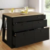 Ilot central mange-debout 120 cm casserolier 6 tiroirs noir et plateau bois