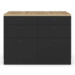 Ilot central mange-debout 120 cm casserolier 6 tiroirs noir et plateau bois