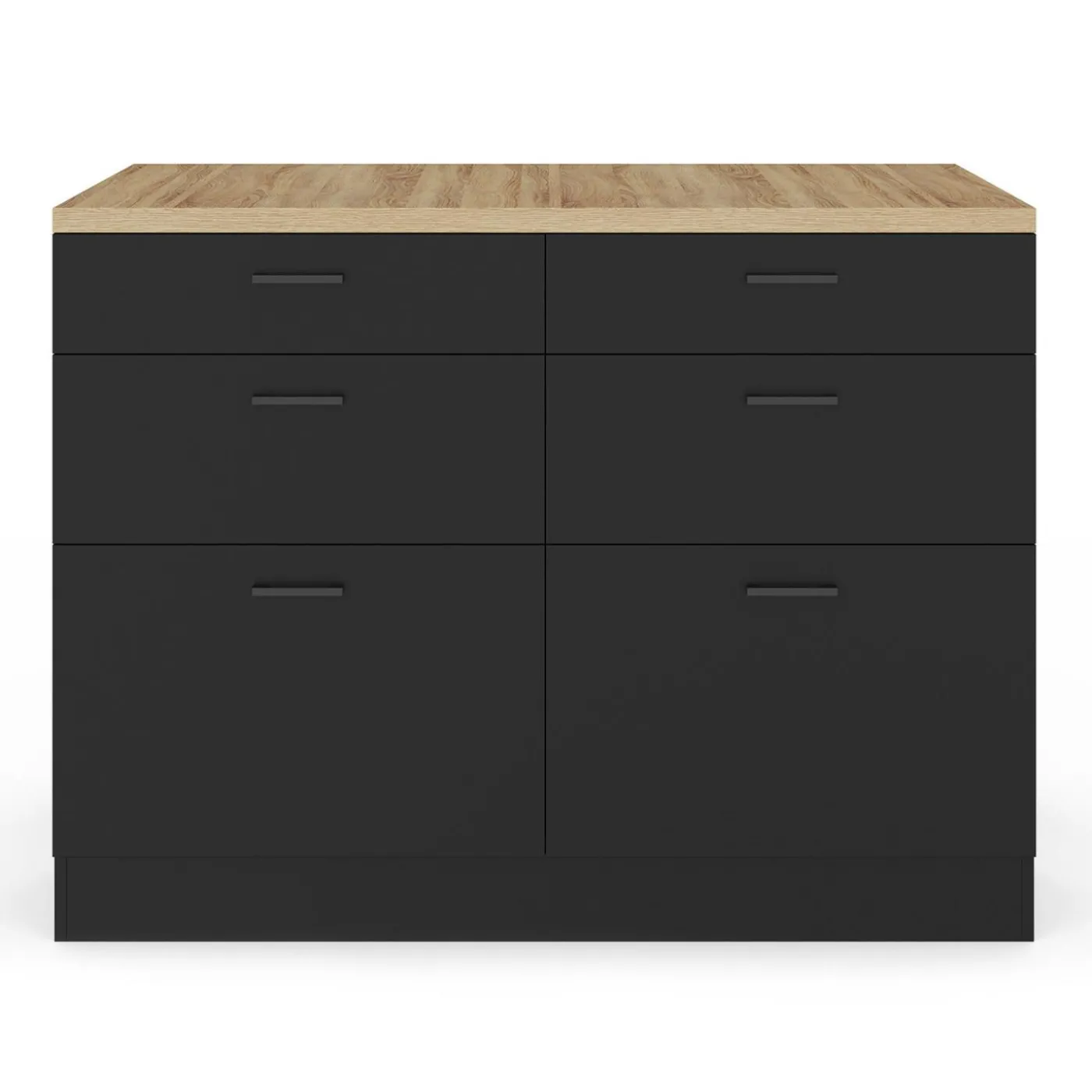 Ilot central mange-debout 120 cm casserolier 6 tiroirs noir et plateau bois