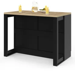 Ilot central mange-debout 120 cm casserolier 6 tiroirs noir et plateau bois