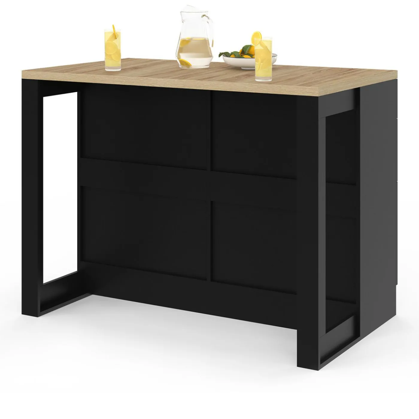 Ilot central mange-debout 120 cm casserolier 6 tiroirs noir et plateau bois