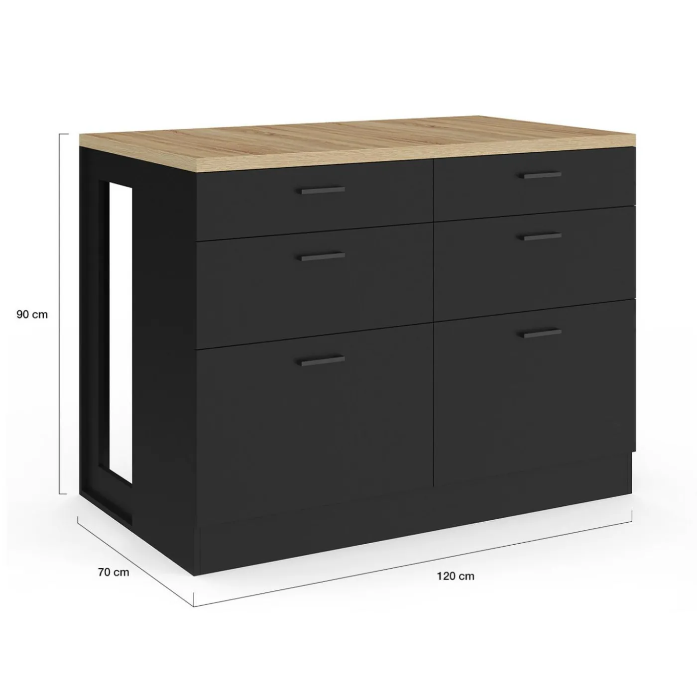 Ilot central mange-debout 120 cm casserolier 6 tiroirs noir et plateau bois