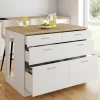 Ilot central mange-debout 120 cm casserolier 6 tiroirs blanc et plateau bois