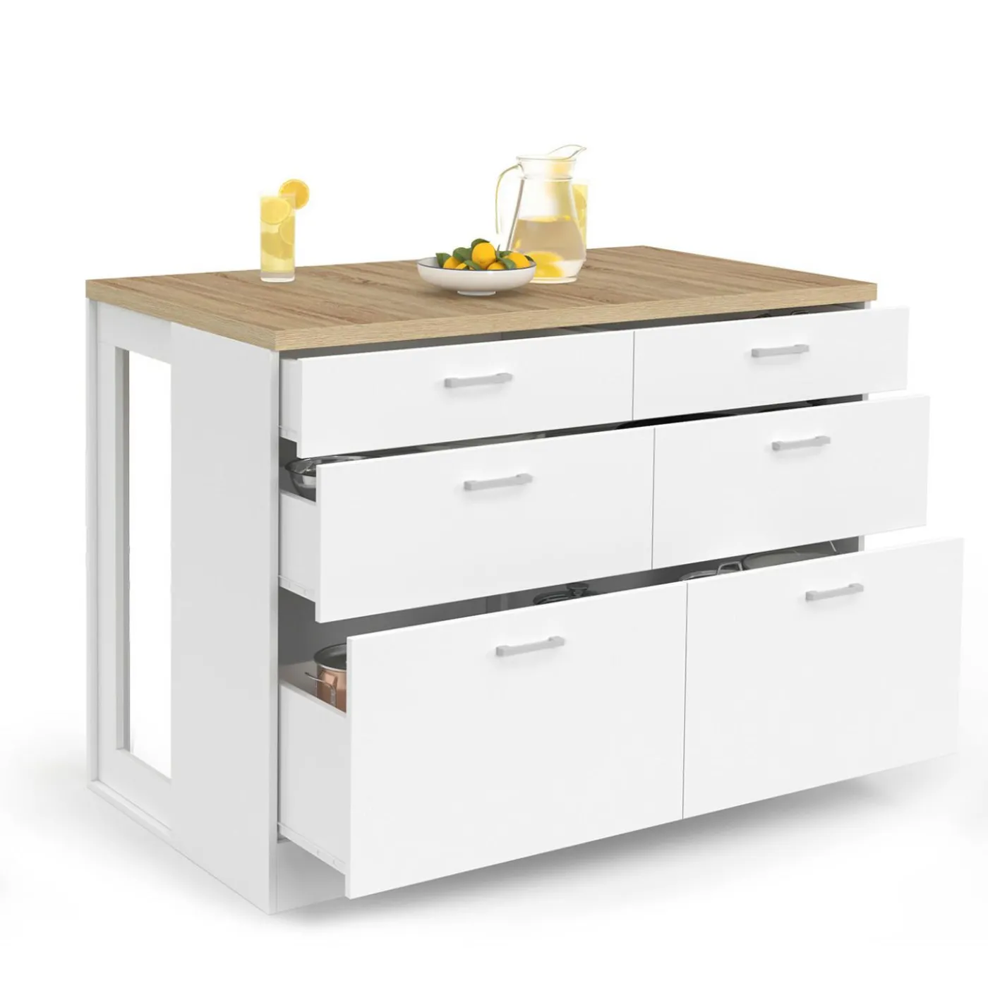 Ilot central mange-debout 120 cm casserolier 6 tiroirs blanc et plateau bois