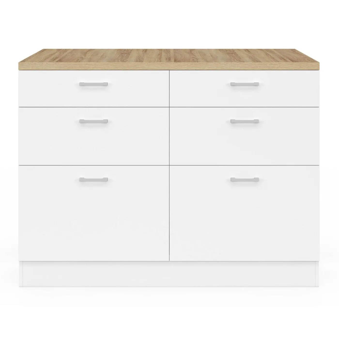 Ilot central mange-debout 120 cm casserolier 6 tiroirs blanc et plateau bois