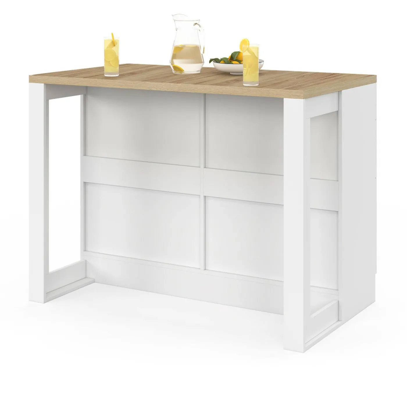 Ilot central mange-debout 120 cm casserolier 6 tiroirs blanc et plateau bois