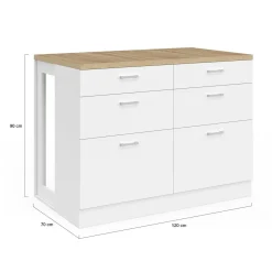 Ilot central mange-debout 120 cm casserolier 6 tiroirs blanc et plateau bois