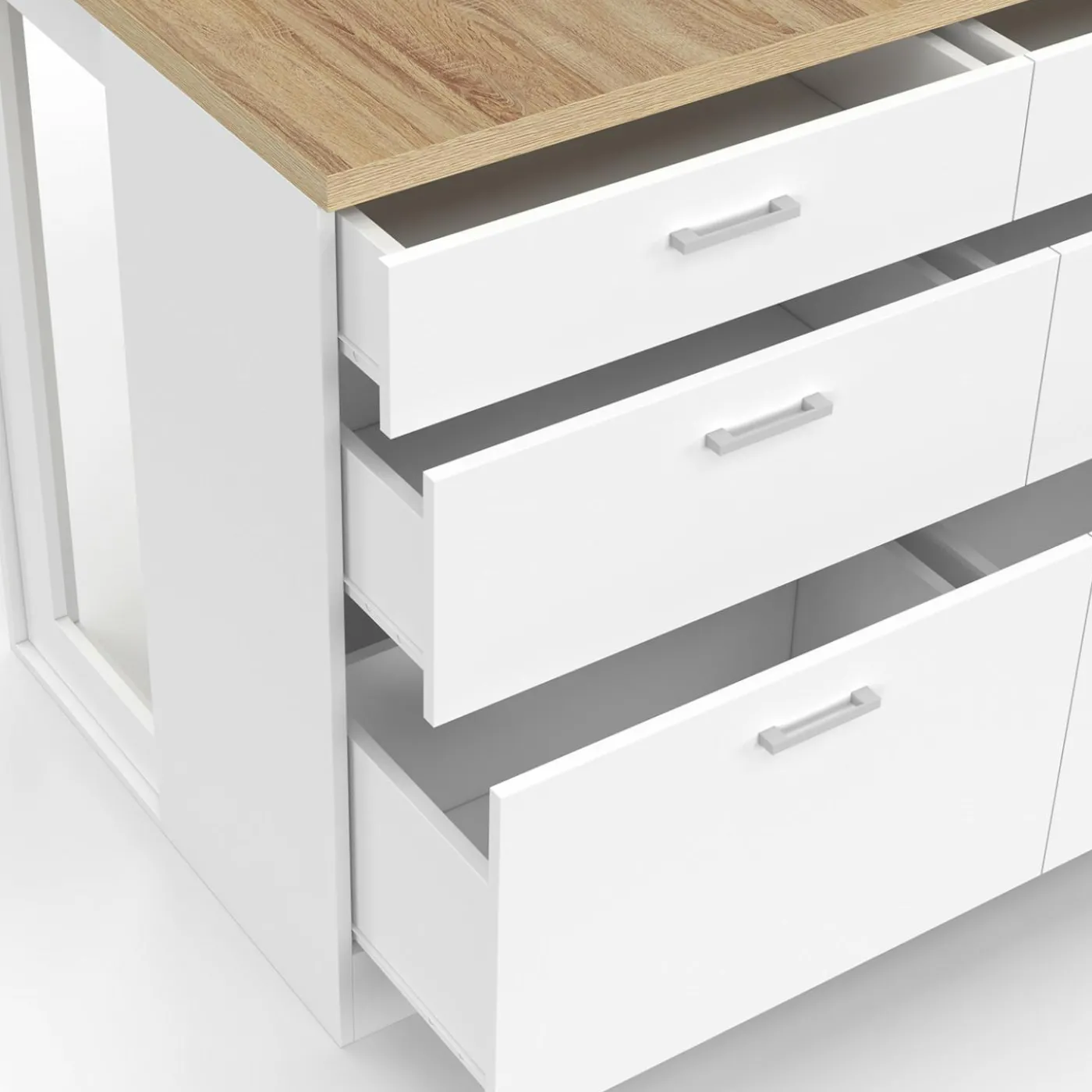 Ilot central mange-debout 120 cm casserolier 6 tiroirs blanc et plateau bois