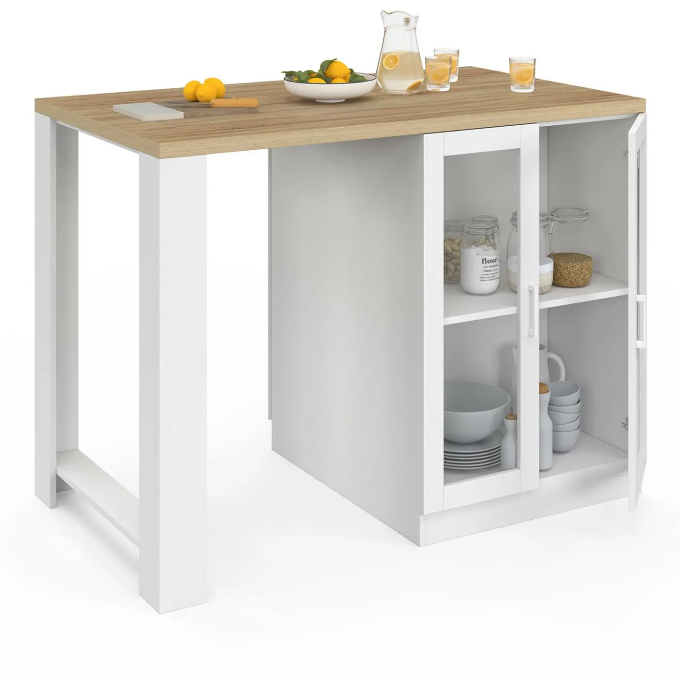 Ilot de cuisine central bois blanc 120 cm avec portes vitrées et rangements