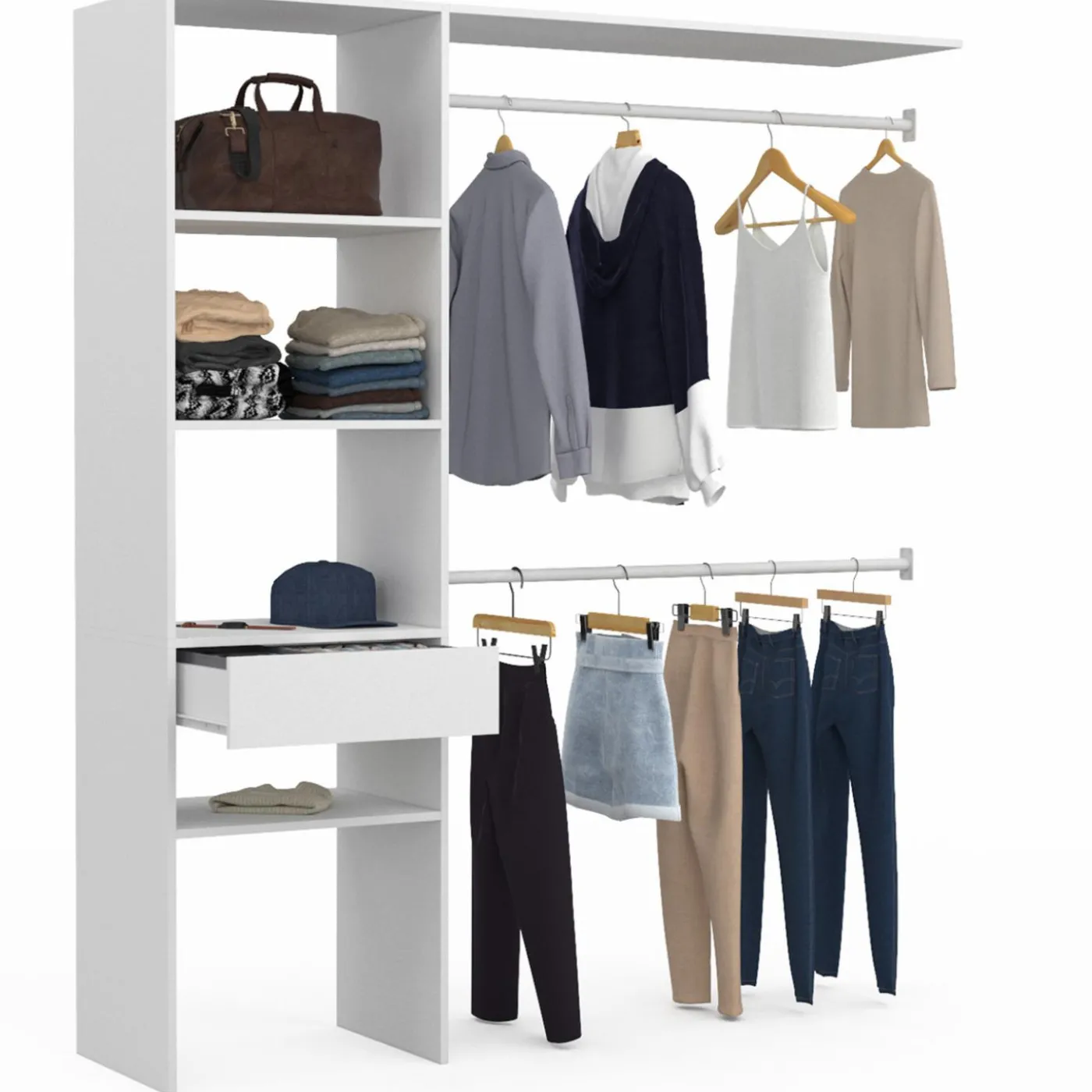 Kit dressing blanc pour placard avec étagères, tiroir et double penderie