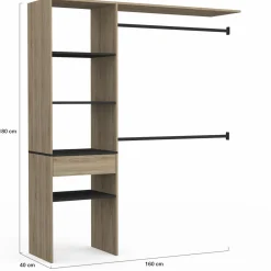 Kit dressing placard hêtre et noir avec étagères, tiroir et double penderie