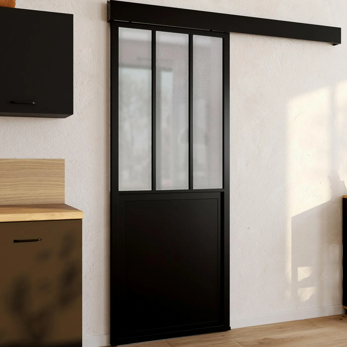 Kit porte coulissante verrière 83 cm en verre trempé givré, métal avec rail et fixations