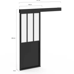 Kit porte coulissante verrière 83 cm en verre trempé givré, métal avec rail et fixations