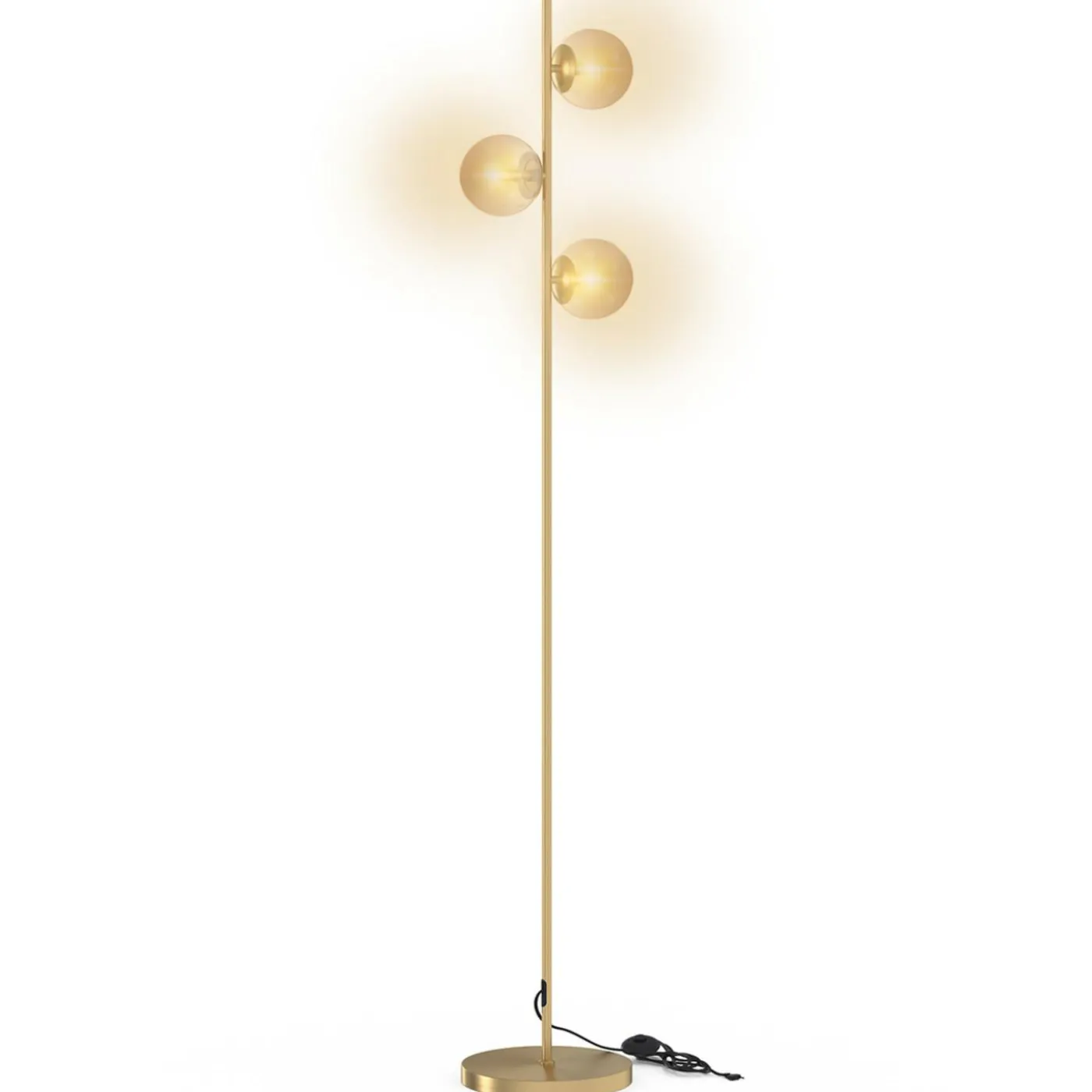 Lampadaire sur pied en métal doré avec 3 abat-jours globe verre