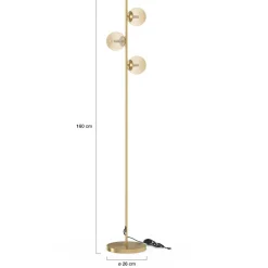 Lampadaire sur pied en métal doré avec 3 abat-jours globe verre