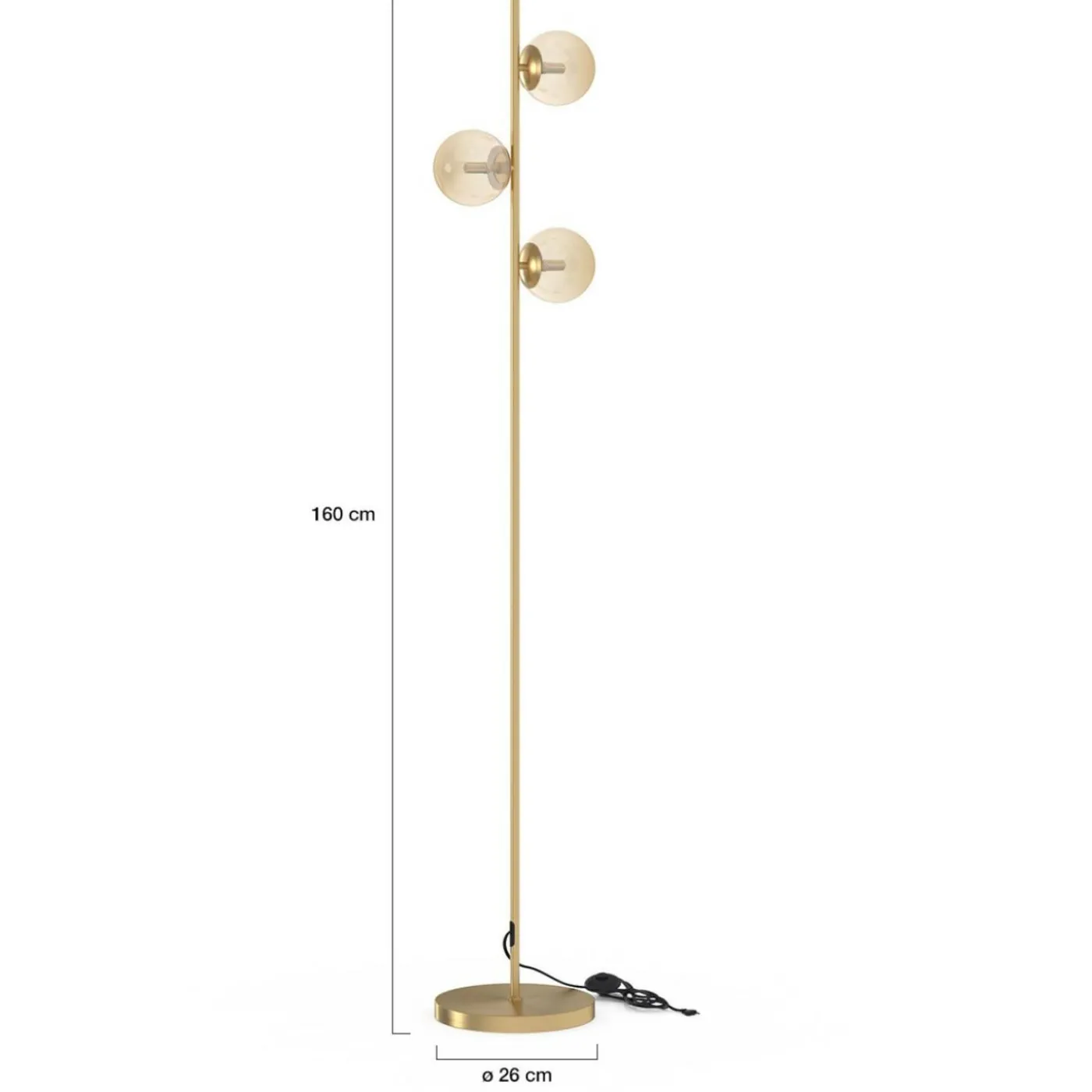 Lampadaire sur pied en métal doré avec 3 abat-jours globe verre