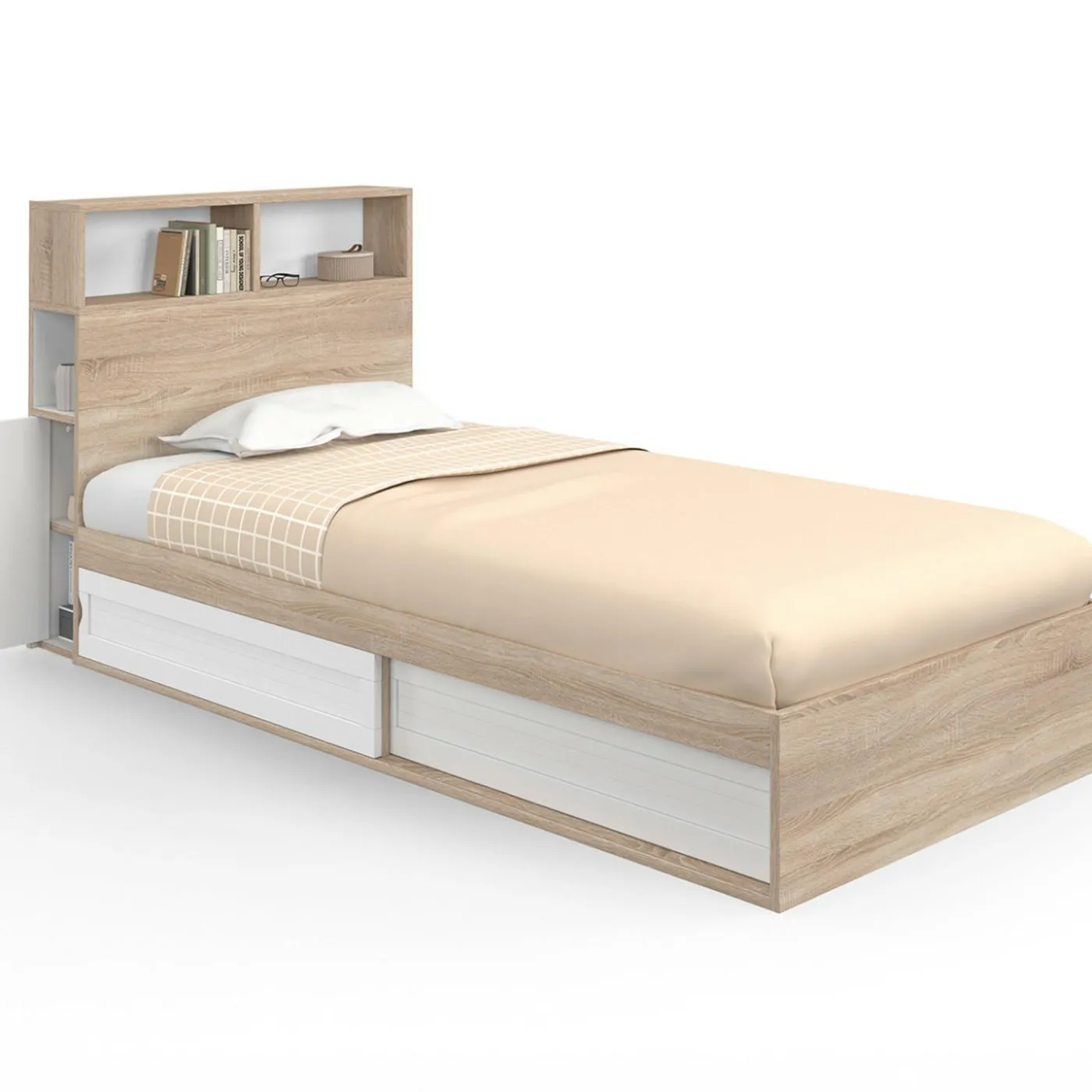 Lit 1 personne sommier 90x190 cm hêtre et blanc avec rangement et tête de lit
