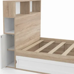 Lit 1 personne sommier 90x190 cm hêtre et blanc avec rangement et tête de lit