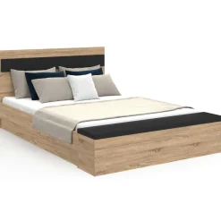 Lit 2 personnes sommier 140x190 cm avec tête de lit et banc coffre bois et noir