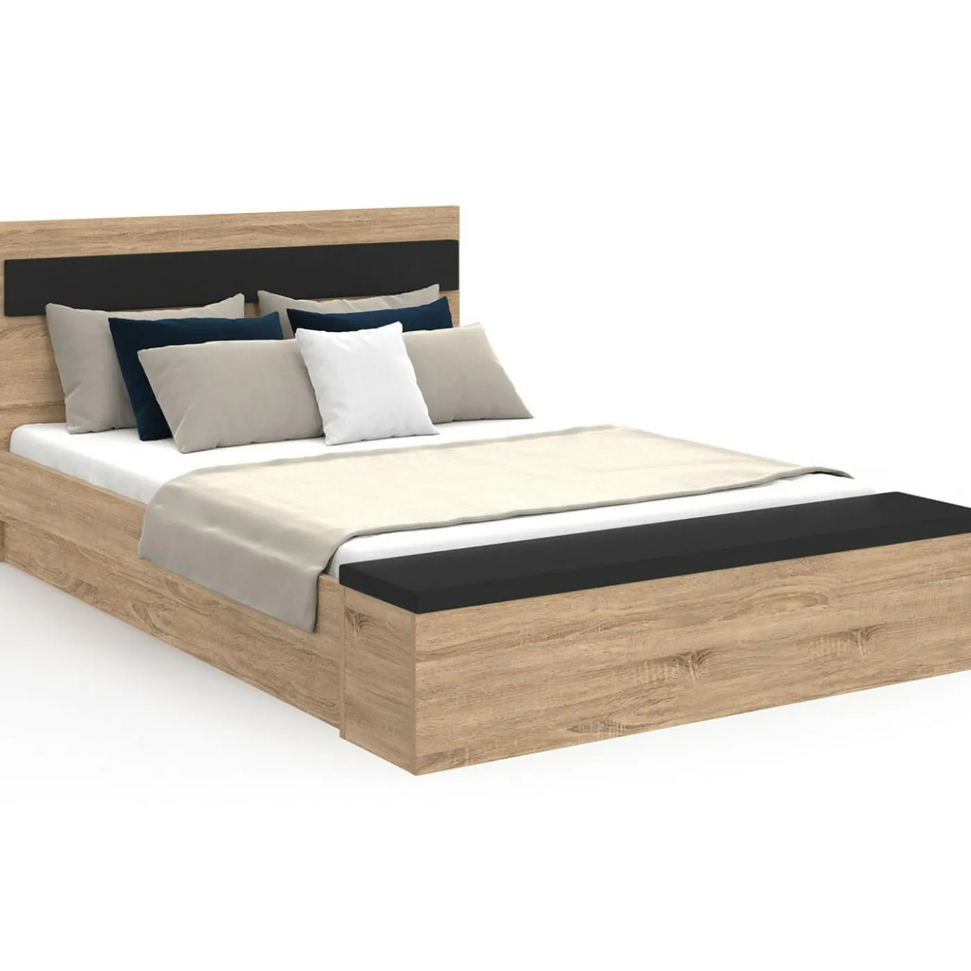 Lit 2 personnes sommier 140x190 cm avec tête de lit et banc coffre bois et noir