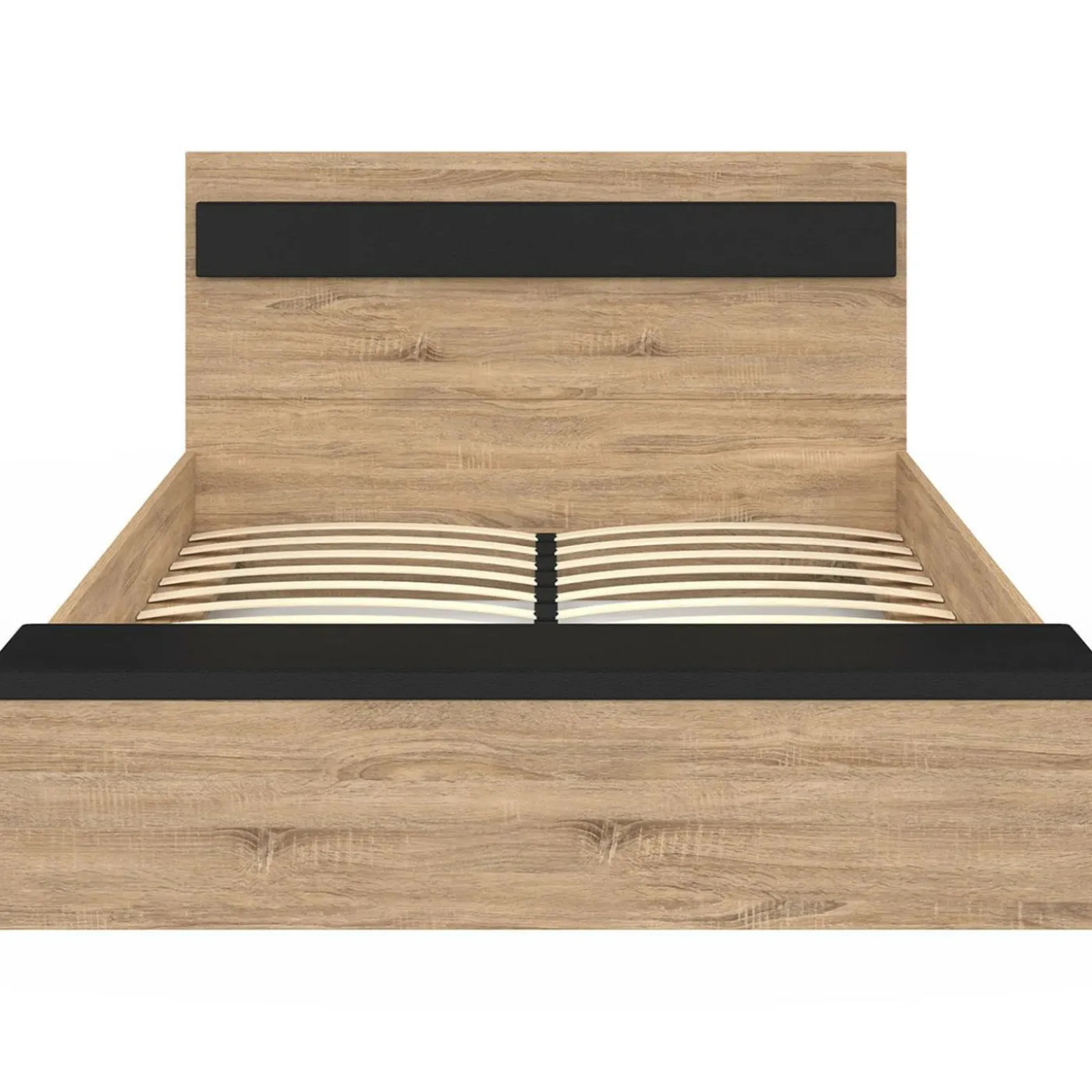 Lit 2 personnes sommier 140x190 cm avec tête de lit et banc coffre bois et noir