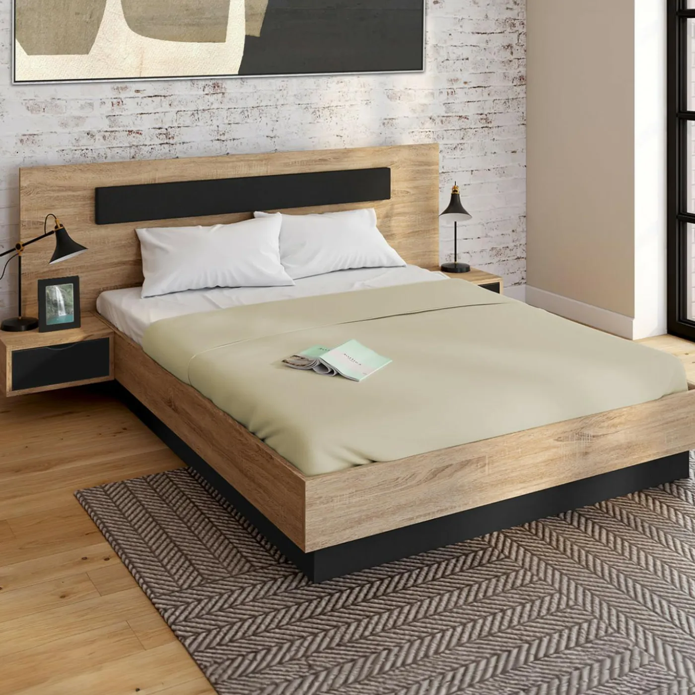 Lit 2 places double coffre 140x190 cm avec sommier et tables de chevet