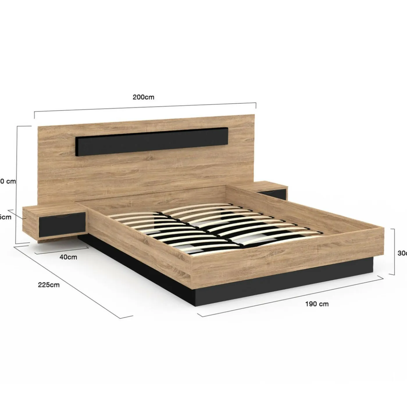 Lit 2 places double coffre 140x190 cm avec sommier et tables de chevet