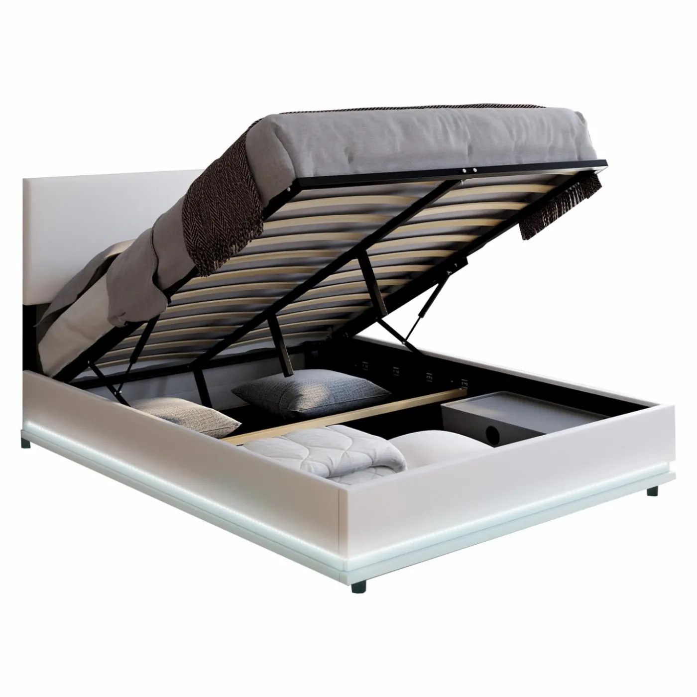 Lit coffre 2 places 140x190 en PVC blanc avec sommier et LED