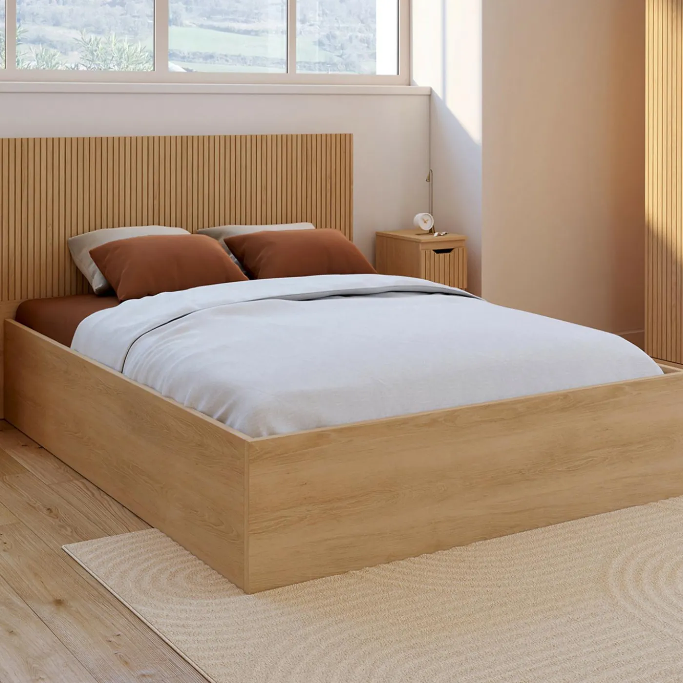 Lit coffre double 140 x 190 cm avec tête de lit et sommier effet lattes et bois