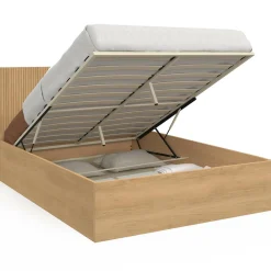 Lit coffre double 140 x 190 cm avec tête de lit et sommier effet lattes et bois